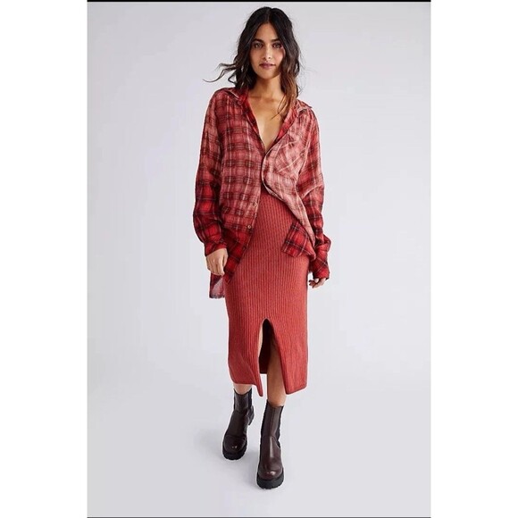 FREE PEOPLE FP ONE Sz S GRUNGE PLAID SHIRT BUTTONDOWN TUNIC DISTRESSED TUNIC - Picture 1 of 7